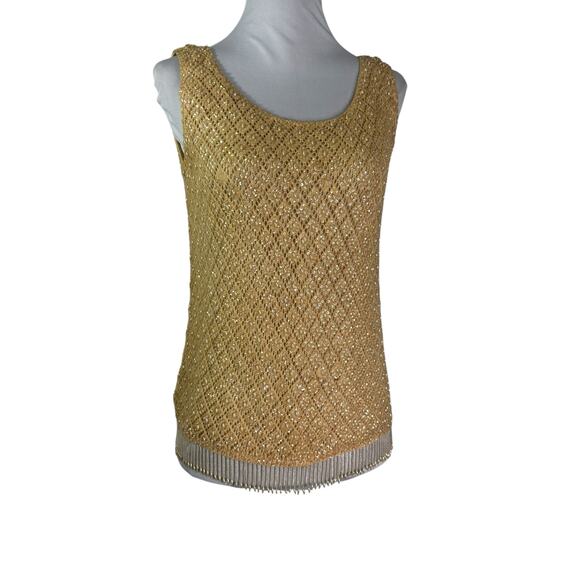 Vintage 60s Harilela's Hong Kong Beaded Golden Yellow Lined Wool Sweater M - Picture 2 of 8